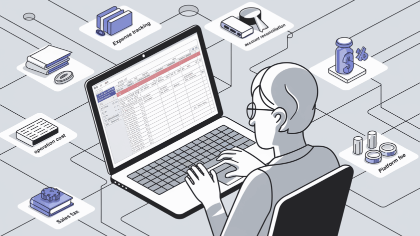 An isometric illustration of a person managing various bookkeeping tasks.