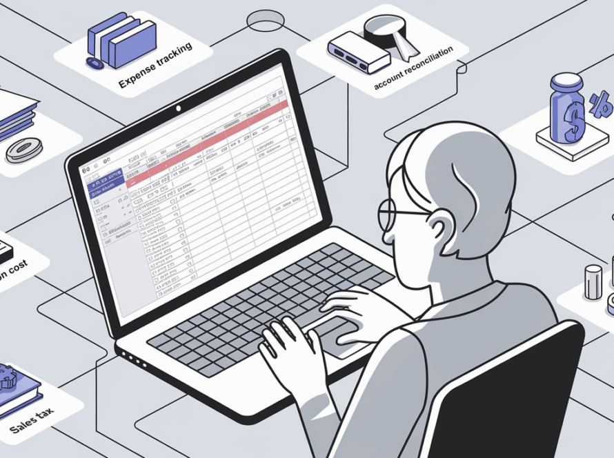 An isometric illustration of a person managing various bookkeeping tasks.