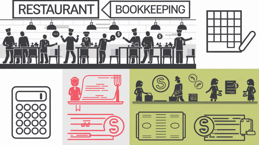 Block illustration of a restaurant with bookkeeping icons, representing the importance of financial management.