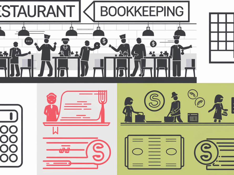 Block illustration of a restaurant with bookkeeping icons, representing the importance of financial management.