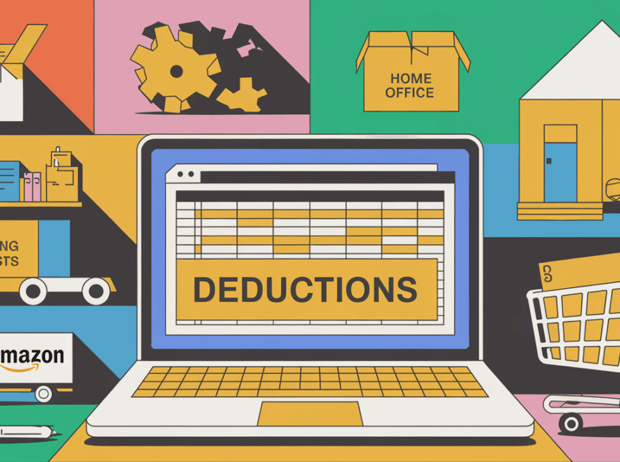 Block illustration of an Amazon FBA seller's workspace with icons representing key tax deductions.