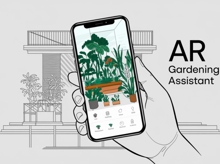 A hand holding a phone with an AR app showing a virtual garden on a balcony.