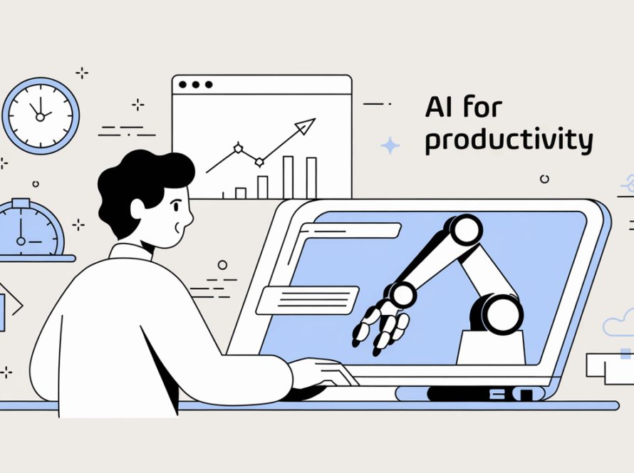 Line art of person working with AI assistance, with icons for efficiency and 'AI for Productivity' text