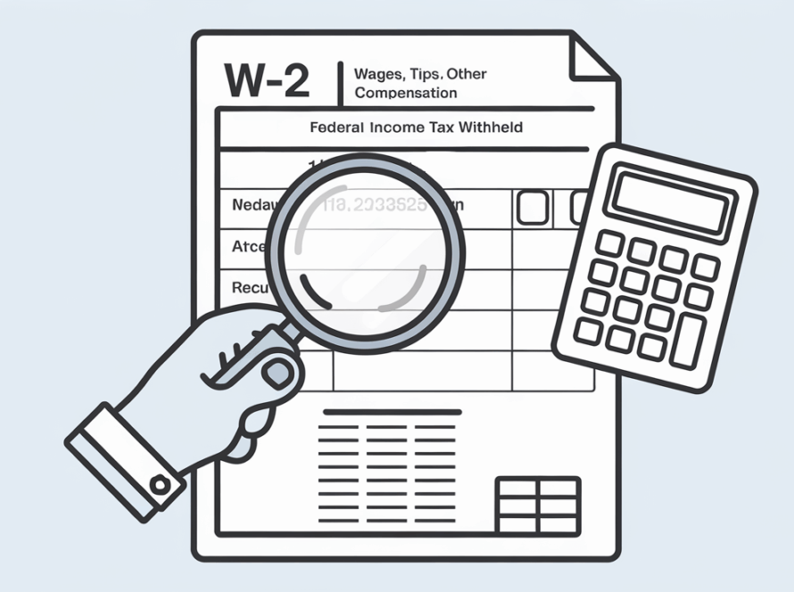 Vector line art of a hand holding a magnifying glass over a W-2 tax form.