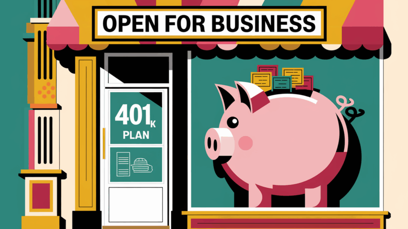 A block illustration of a small business storefront with a piggy bank filled with retirement savings.