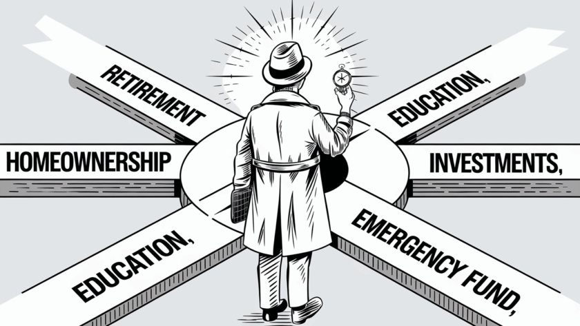 Line art drawing of a person choosing a path at a crossroads.