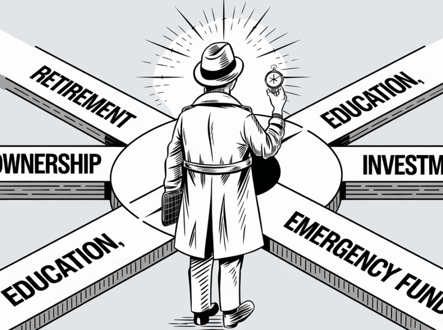 Line art drawing of a person choosing a path at a crossroads.