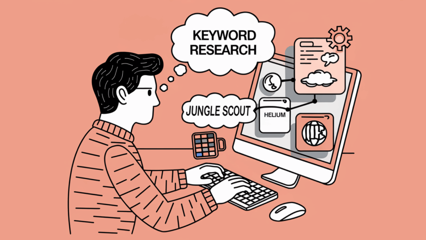 Line art of a person performing keyword research using tools like Jungle Scout and Helium 10.