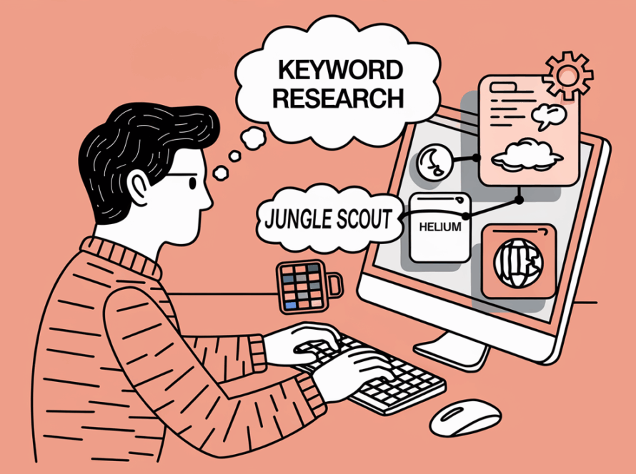 Line art of a person performing keyword research using tools like Jungle Scout and Helium 10.