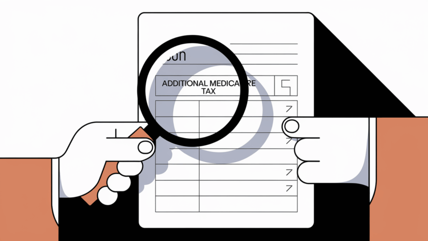 A hand holding a magnifying glass over a paystub with the Additional Medicare Tax line highlighted.