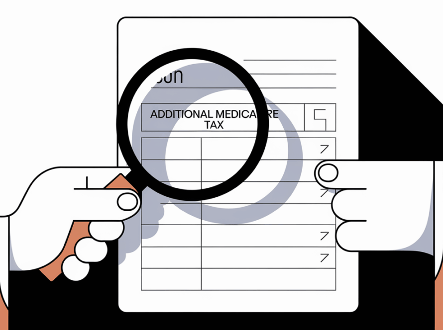 A hand holding a magnifying glass over a paystub with the Additional Medicare Tax line highlighted.