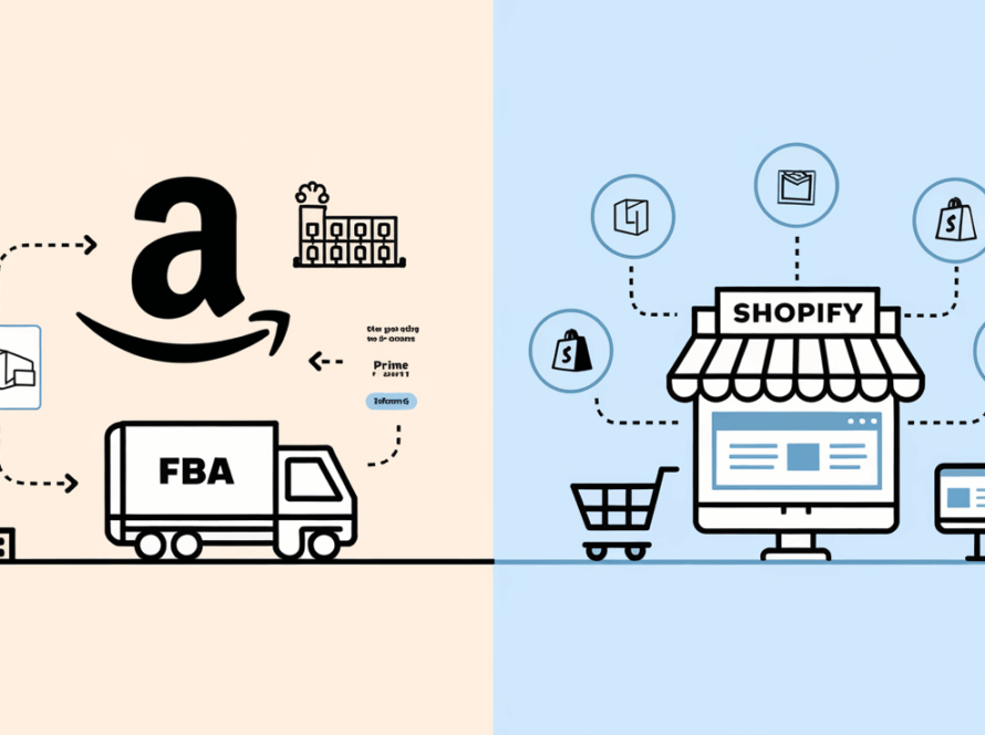 Vector line art comparing Amazon FBA and Shopify, with icons representing their features