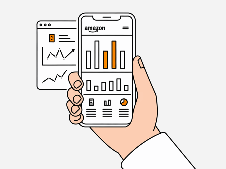 Hand holding a smartphone with the Amazon Seller Central app displaying sales data