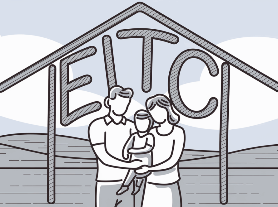 A family huddled together under a large "EITC" symbolizing a protective roof.