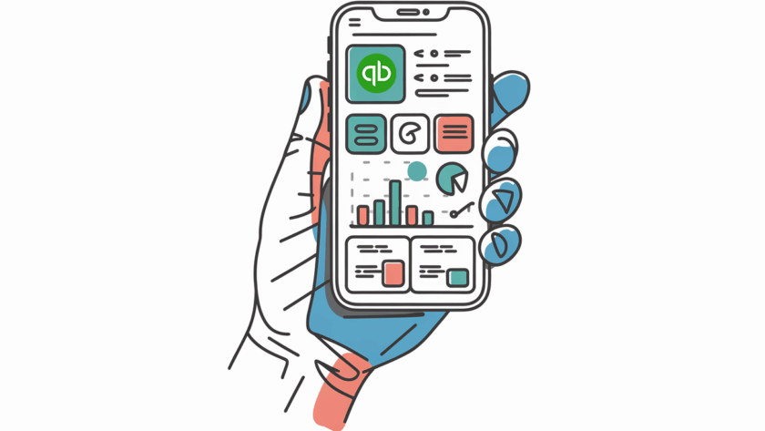 Line art of a hand holding a smartphone with an accounting app open