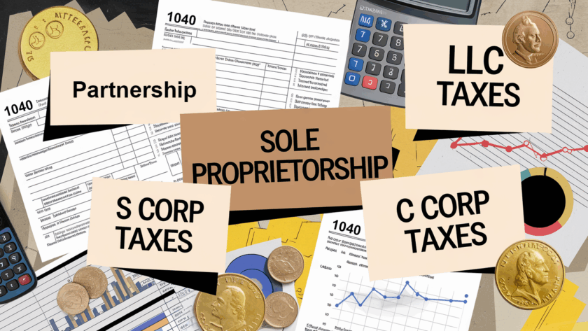 Collage representing the complexities of taxes for LLC, Partnership, S Corps and C Corps.