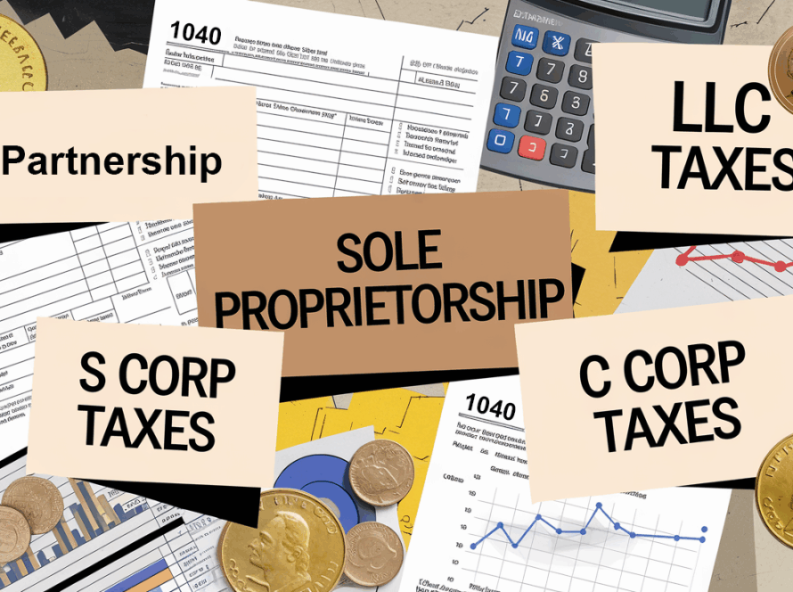 Collage representing the complexities of taxes for LLC, Partnership, S Corps and C Corps.