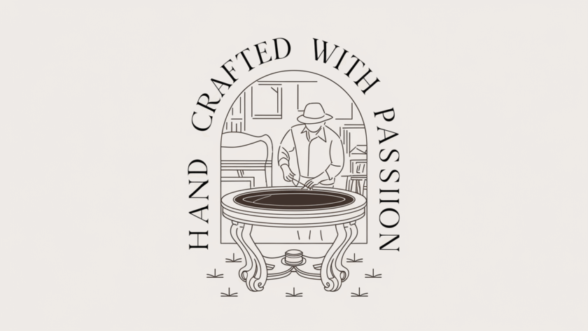 Line art of an artisan crafting a unique furniture piece with the text 'Handcrafted with Passion.'