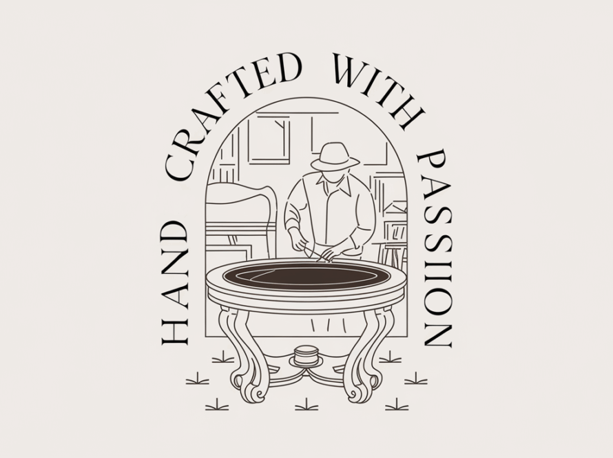 Line art of an artisan crafting a unique furniture piece with the text 'Handcrafted with Passion.'