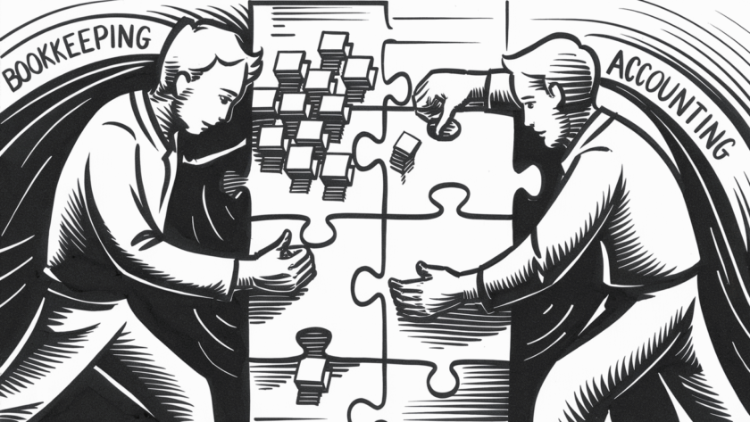 An ink drawing of two figures working together on a puzzle, representing bookkeeping and accounting.