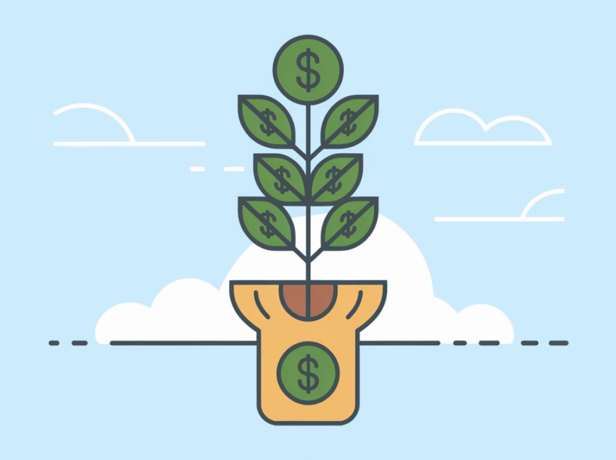 Line art of a plant growing into a tree with dollar signs on the leaves and branches.