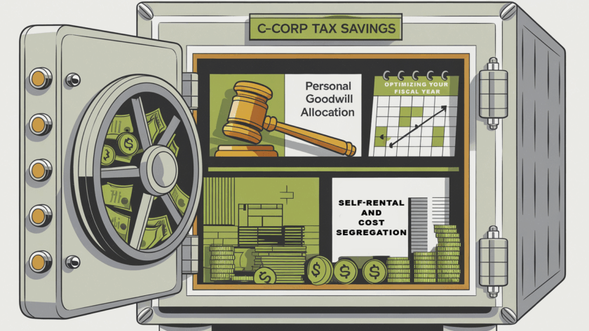 A safe overflowing with money, labeled "C-Corp Tax Savings," with icons representing goodwill allocation, fiscal year optimization, and self-rental strategies.