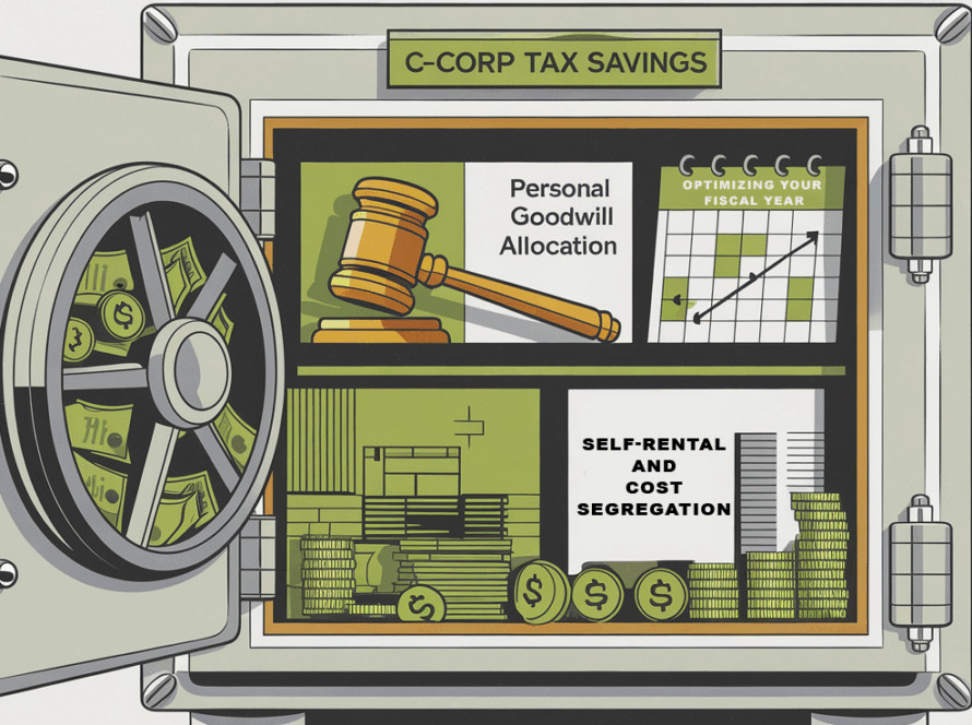 A safe overflowing with money, labeled "C-Corp Tax Savings," with icons representing goodwill allocation, fiscal year optimization, and self-rental strategies.