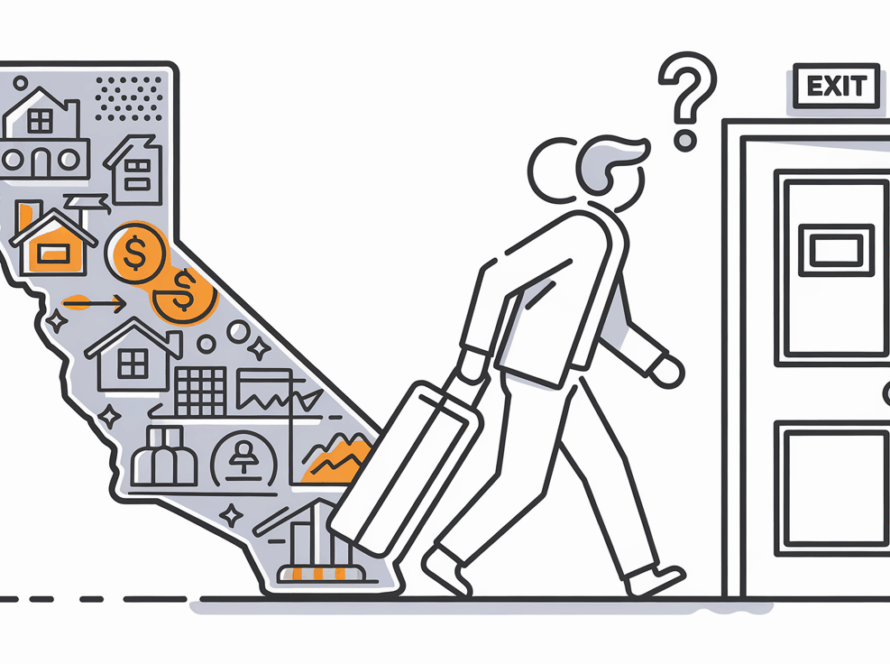 Line art person leaving California with suitcase