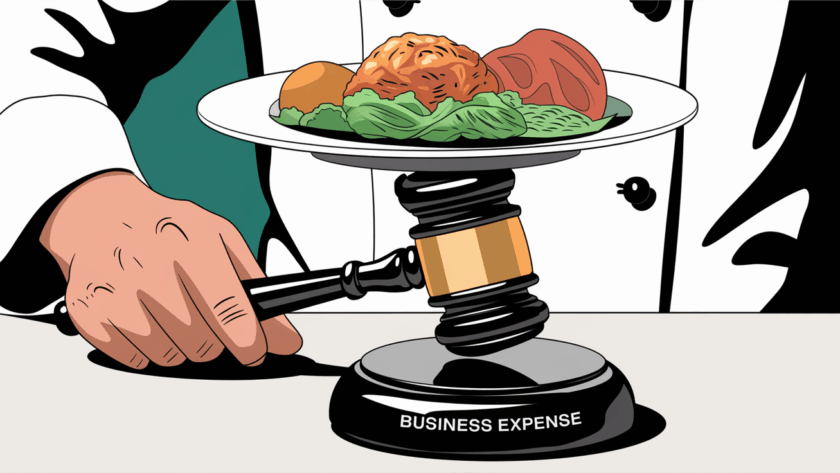 A stylized image of a hand holding a gavel with a plate of food on top, representing the legal aspects of deducting business meals.