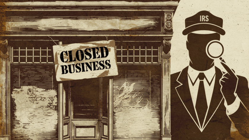 Woodcut illustration of a closed business being audited by the IRS.