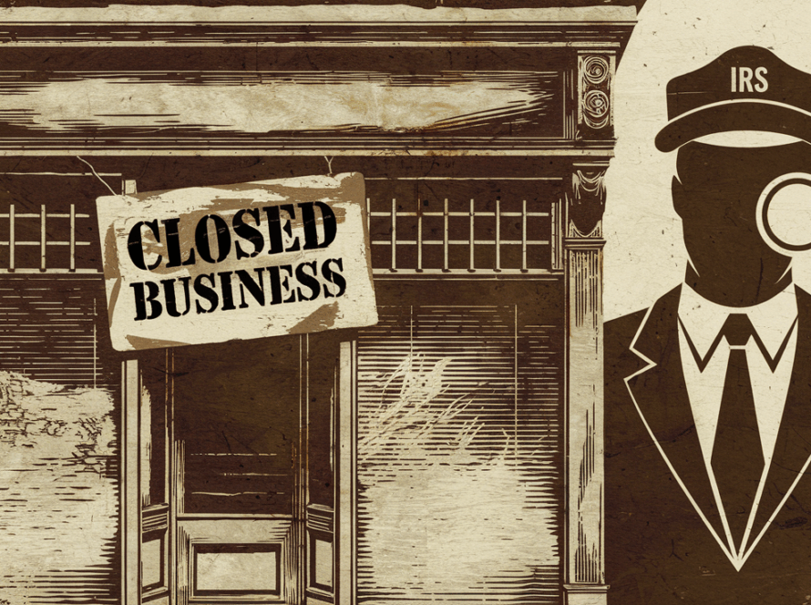 Woodcut illustration of a closed business being audited by the IRS.