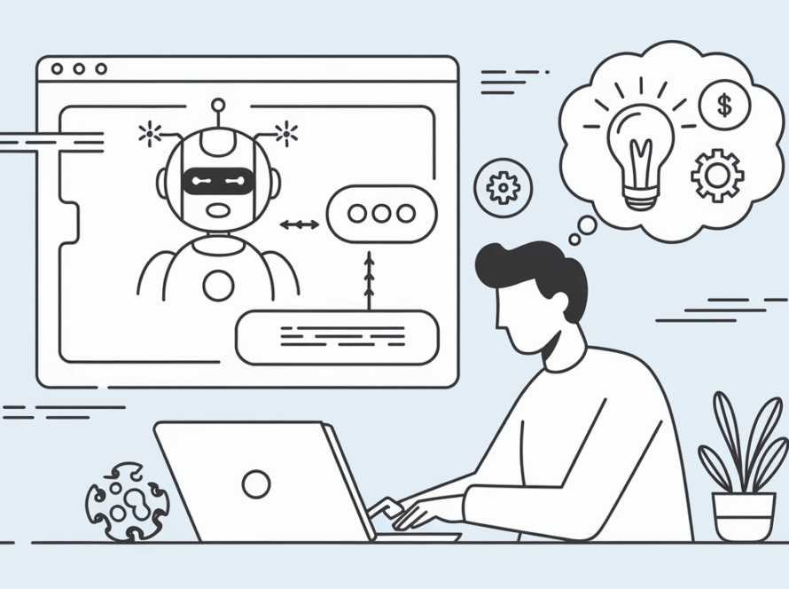 Line art of person using AI-powered Chrome extension on laptop.