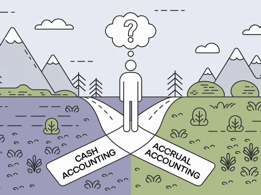Line art of a person at a crossroads with paths labeled "Cash Accounting" and "Accrual Accounting"