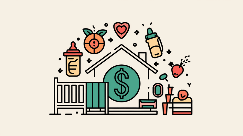 Line art house with dollar sign and childcare icons