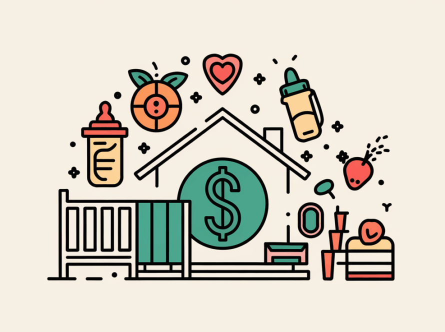 Line art house with dollar sign and childcare icons