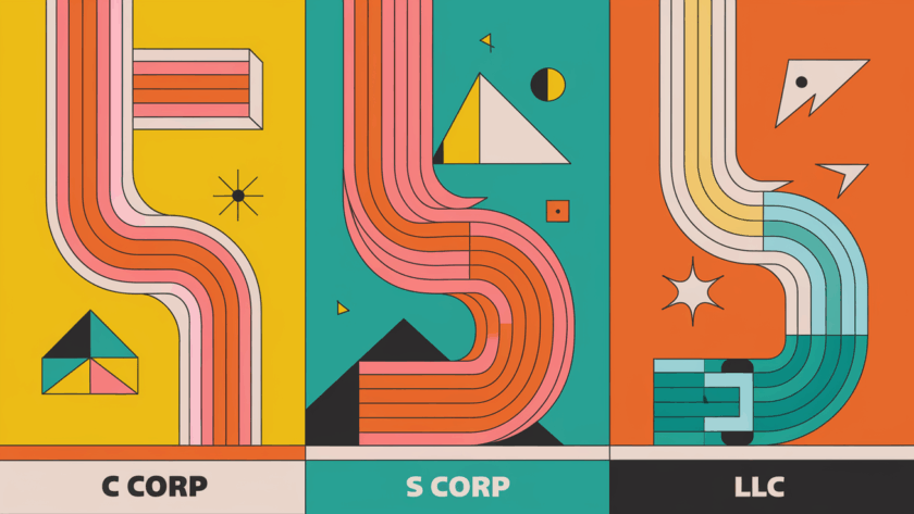A block illustration showing three paths representing C Corp, S Corp, and LLC, each with unique characteristics.