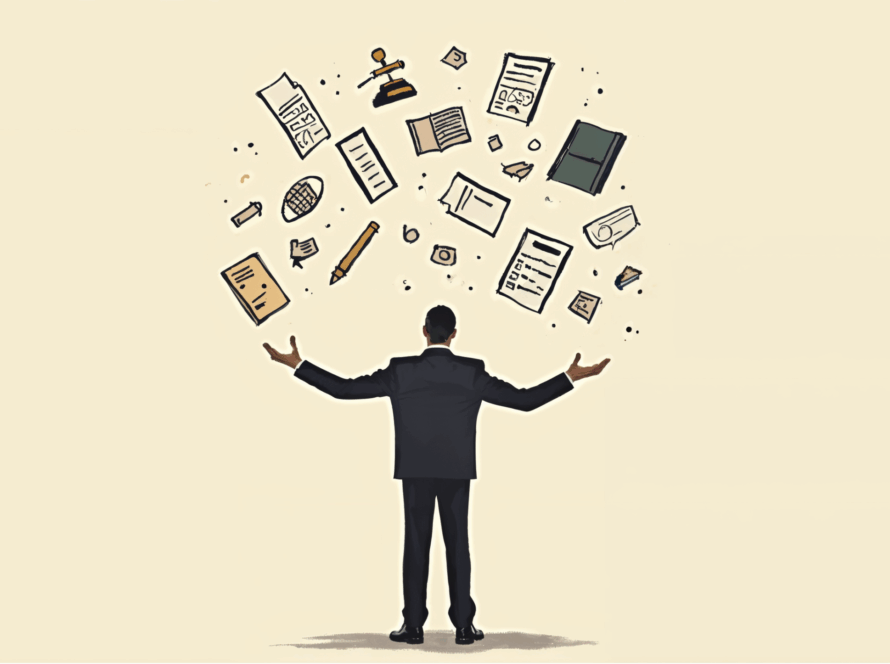 A business owner juggling various elements related to worker classification, including legal documents, tax forms, and benefits.