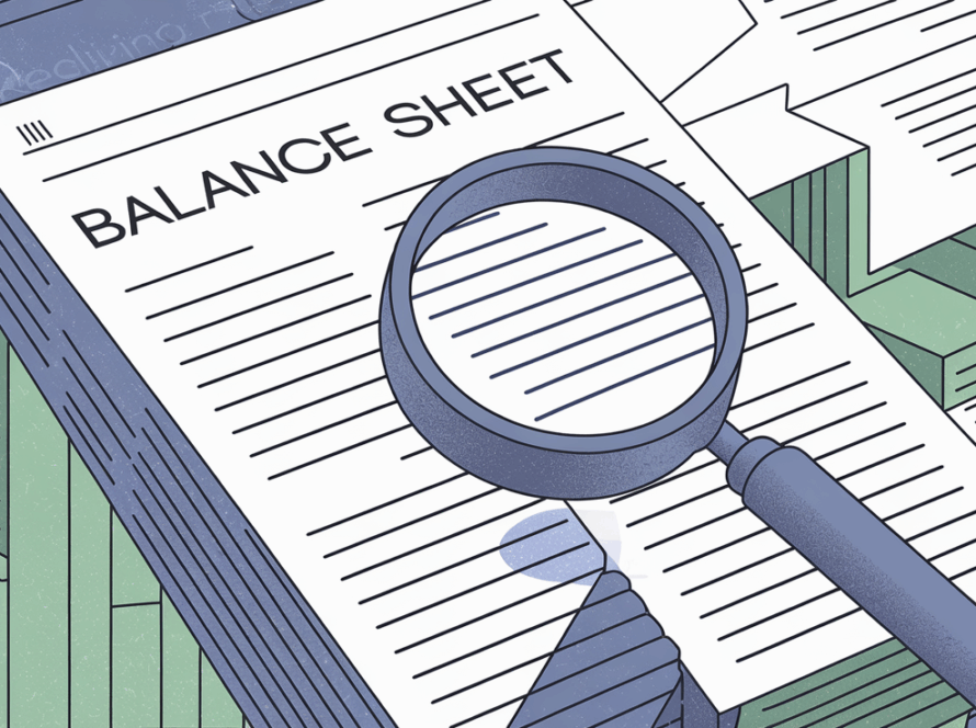 A magnifying glass examining a balance sheet.
