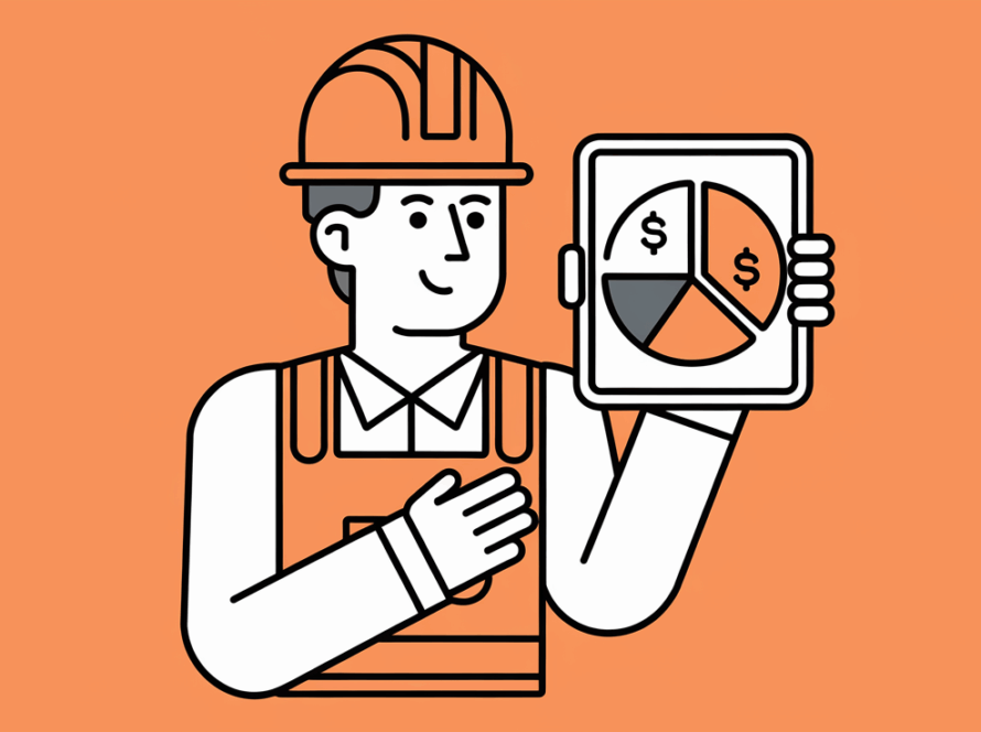 Line art of construction worker holding a tablet with a pie chart