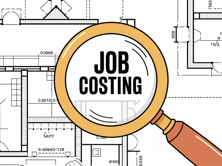 Line art of magnifying glass over a blueprint