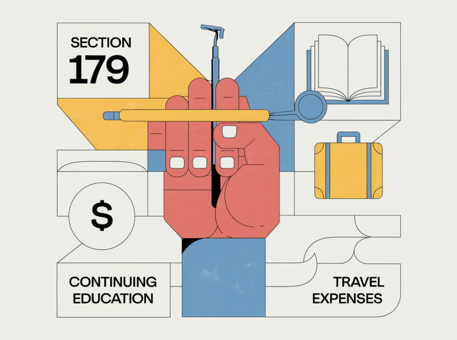A graphic illustration of a hand holding a dental tool, with symbols representing tax deductions.