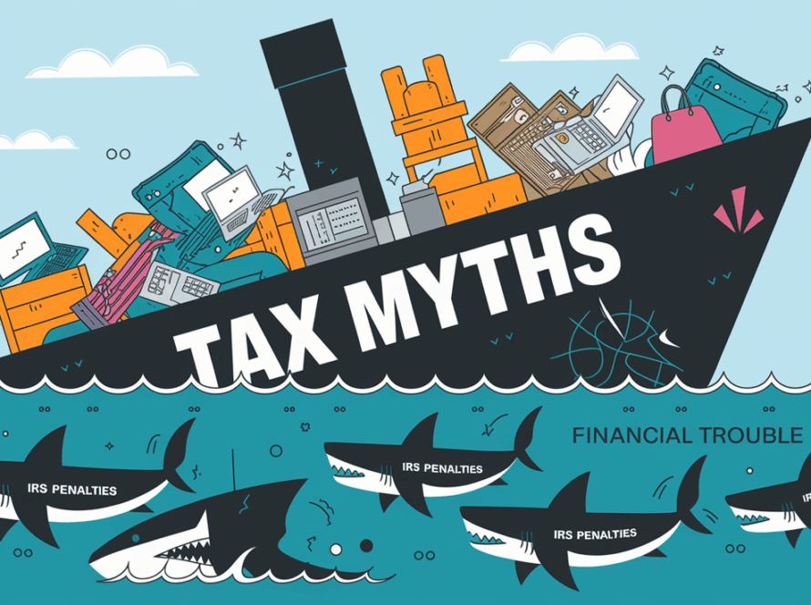 A line art drawing of a sinking ship labeled "Tax Myths" surrounded by sharks labeled "IRS Penalties."