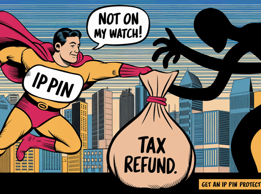 Block illustration of an IP PIN superhero protecting a tax refund from a thief.