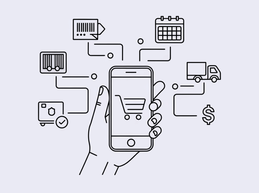 Vector line art of a smartphone connected to e-commerce accounting icons.