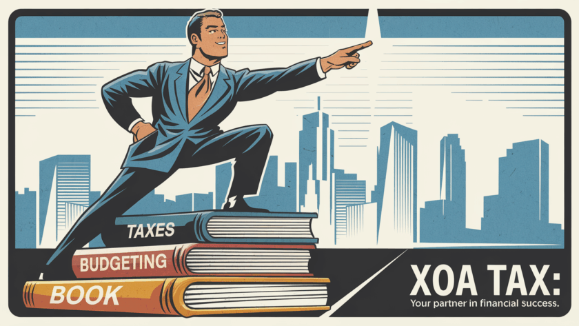 A vintage-style poster showing an entrepreneur standing on books labeled with financial essentials, pointing towards a bright future.