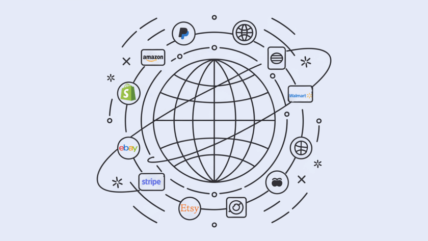 Vector line art of a globe with shipping routes and payment gateway icons.