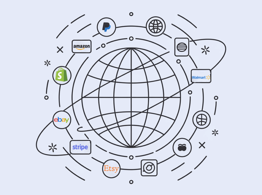 Vector line art of a globe with shipping routes and payment gateway icons.