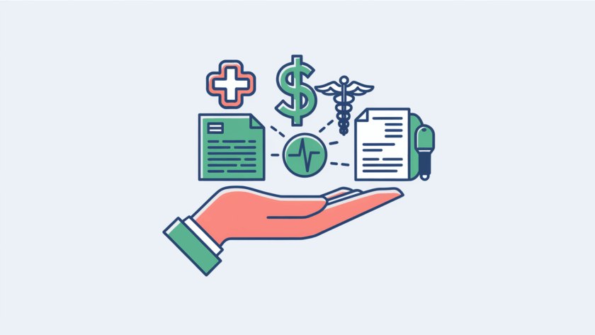 A hand balancing healthcare bookkeeping elements.