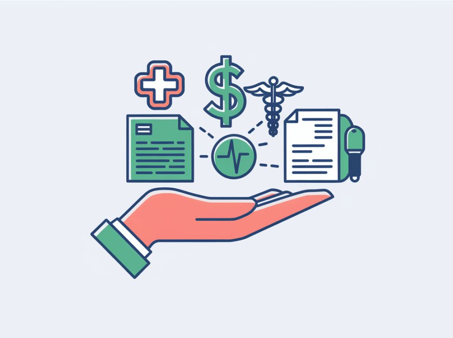 A hand balancing healthcare bookkeeping elements.