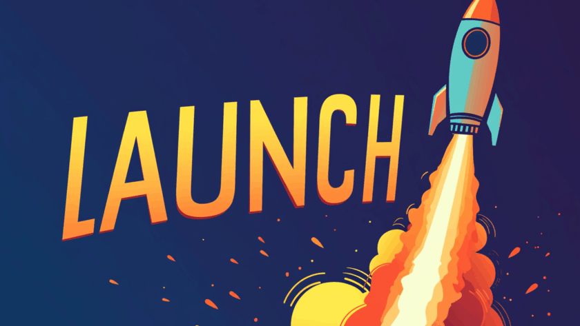 Line art rocket launching, leaving a smoke trail that says "LAUNCH"